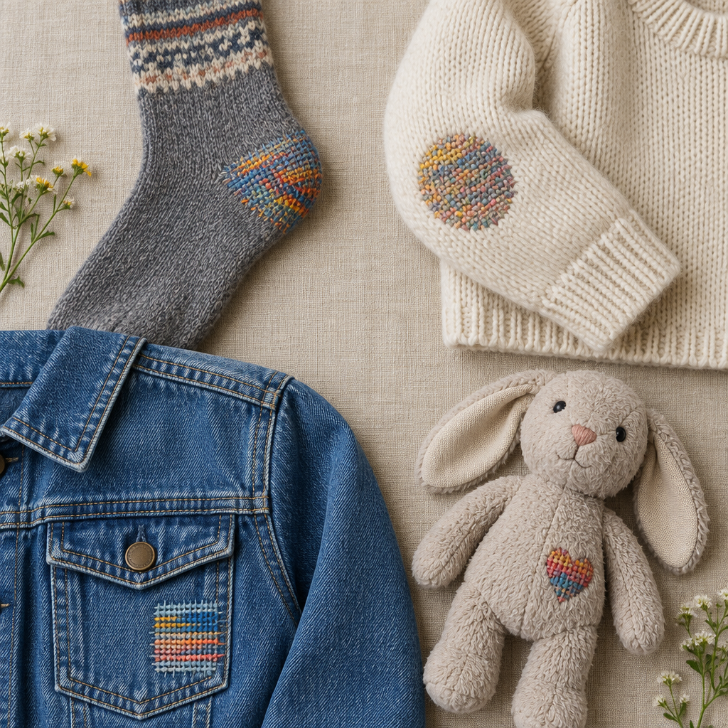 Medias, saco, chaqueta y peluche reparados con parches tejidos