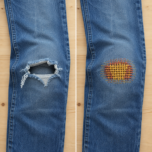 Antes y después: jean roto reparado con parche tejido